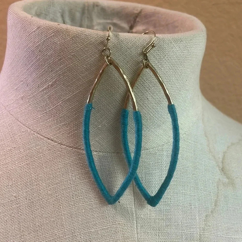 Gold‎ Oval Hoops with Teal Wrap Earrings